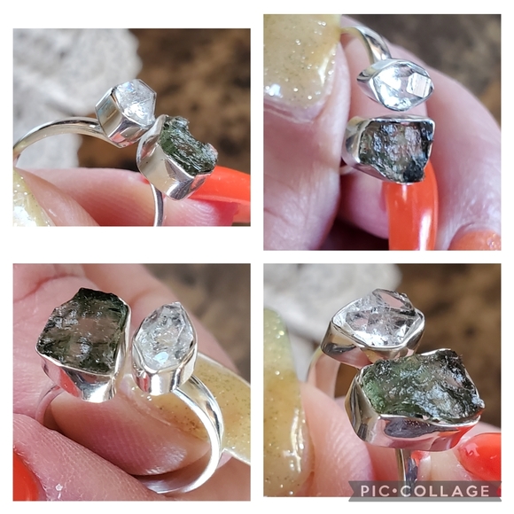Genuine Czech Moldavite and Herkimer Diamond Ring Size 6 Adjustable - Picture 5 of 8